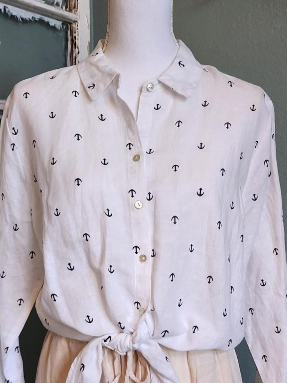 Women's White and Navy Anchor Button up tie Blouse Size Medium - Picture 2 of 8